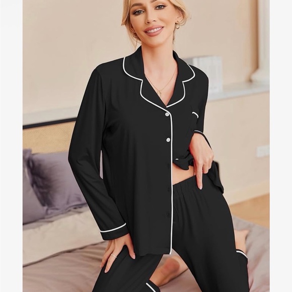 Women's Black Pajama Set with White Trim - Picture 2 of 7